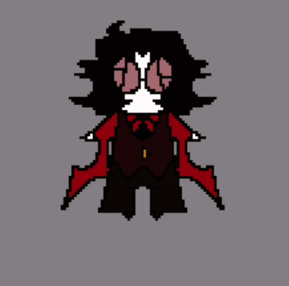 A gif of Viren Ritrescu, Mortem's persona seen in the MSPFA: housefall. It is a chibi version of their housefall design. They are raising their limbs and lowering them in a dance-like motion.