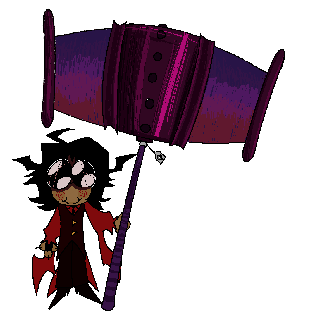 Viren Ritrescu, Mortem's persona seen in the MSPFA: housefall. They are in a chibi artstyle, grinning like a child and wide eyes, while holding a massive ban hammer (bammer) in their left hand. The bammer is the roblox item but modified to have a more redd